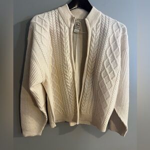 100% Wool Sweater Cable Knit Open Front Cardigan Women’s Layer Top Vintage Bass
